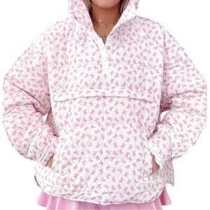 NWT AS Revival Fancy Pink Bow Print Hooded Half Snap Quilted Puffer Pullover